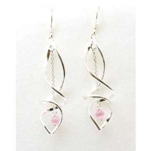  TOC 925 Silver Twisted Earrings with Pink Hanging Ball 