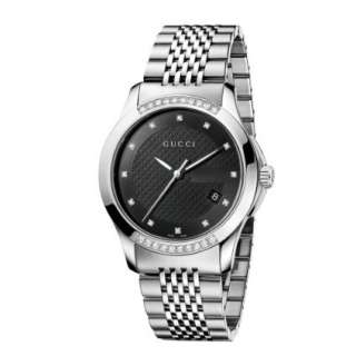 Gucci Mens YA126408 G Timeless Medium Diamond Black Dial Steel Watch 