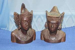 Pair Lot Vintage Wooden Carved African Figures Busts Statues  