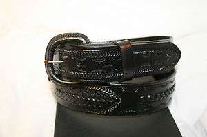 Western Tooled Genuine Leather Mens Belt Black Braided Accents  