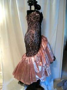 Vtg 80s Black Lace,Metallic Pink Assymetrical Mermaid Strapless Prom 