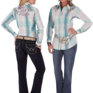 NEW! Wrangler Mint & Grape Plaid Long Sleeve Ladies Lawn Shirt 