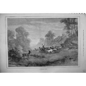  1880 Country Scene Deer Stag Running Animals Nature: Home 