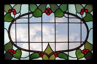 RARE ART NOUVEAU LEAVES & BERRIES STAINED GLASS WINDOW  
