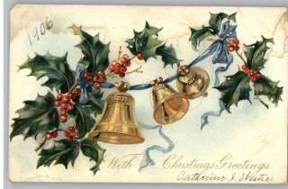 Old Tuck Postcard With Christmas Greetings..Bells/Holly  