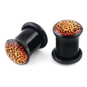   Metalic Leopard Print Design Black Saddle Shape Acrylic Ear Plugs   0g