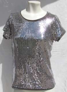 AUGUST SILK KNITS GREY SILVER SEQUIN STRETCH T SHIRT BLOUSE TOP size M 