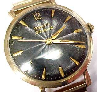 Bulova 1960 Vintage Mens Wristwatch w/ Black Dial; 23 Jewels; 10KT 
