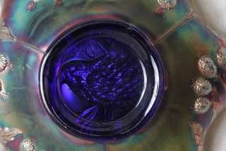   FENTON CARNIVAL GLASS ROYAL BLUE PEACOCK & URN 6 LOBE BOWL EXC  