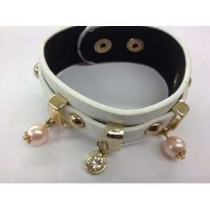  White Leather cuff bracelet with charm 