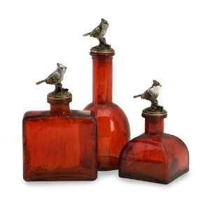  Set of 3 Decorative Red Bottle with Bird Stopper
