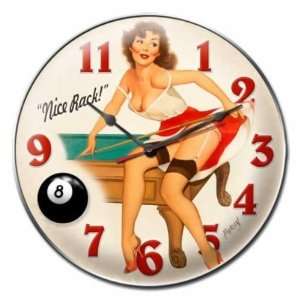    Nice Rack Pool Vintage Metal Clock Pin Up Girl