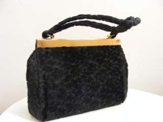 Vintage 1940s 50s Black CRUSHED Velvet Carpetbag Handbag Purse  