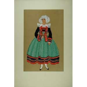 1929 Pochoir Woman Costume Lace Cap Pont Aven Brittany   Orig. Print 
