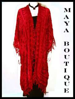 Velvet Burnout & Lace Kimono Caftan Jacket Beaded Red  