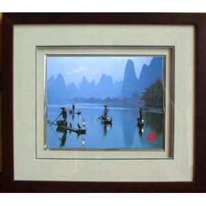 Framed Chinese Silk Embroidery  Landscape 12.6 x15.2  