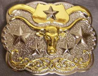 Metal belt buckle 2 tone Texas Longhorn & Stars NEW  