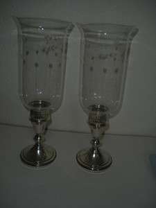   Antique TOWLE STERLING Etched Hurricane Candlesticks   Candleholders