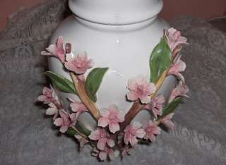  Capodimonte Porcelain Ginger Jar With Lid Vines Pink Flowers Italy