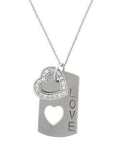   Stonez Silver Cubic Zirconia Heart Dog Tag Necklace  Overstock