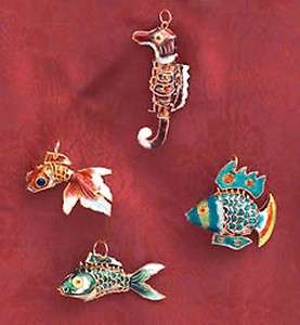 Victorian Cloisonne Tree Ornament   Seahorse & Fish Set  