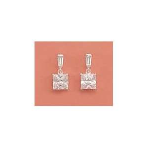  Sterling Silver Post Earrings, 2x4mm Baguettes, 8mm Square 