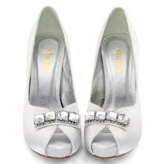 SHOEZY womens ivory satin wedding rhinestones platform high heels 