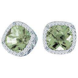 14K 2.70CTW Green Amethyst and Diamond Cushion Earrings  
