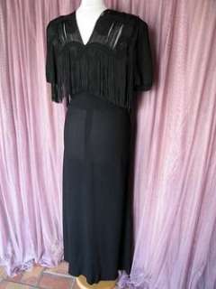 ANTIQUE BLACK FRINGED GOWN DRESS VINTAGE EARLY 40s~L  