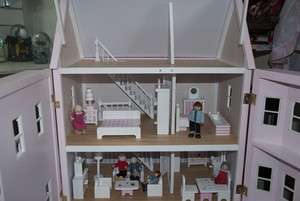 Pink Victorian Wooden Dolls House 1:12th With Furniture & People 