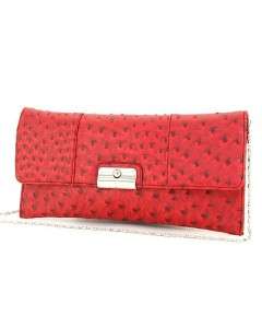 Red Ostrich Faux Leather Clutch Handbag with Chain Shoulder Strap For 