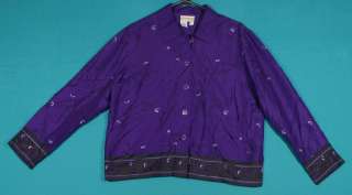 Coldwater Creek Size M 8 10 Purple Embroidered Silk Shirt Top Blouse 