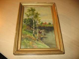 ANTIQUE SMALL OIL PAINTING RIVER CABIN COUNTRY WOMAN FARM WASHING 