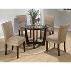   Cherry Finished Round Glass Top 5Piece Dining Set W Beige Side Chairs