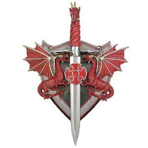  Red Dragon Celtic Fantasy Dagger with Kite Shield Plaque 