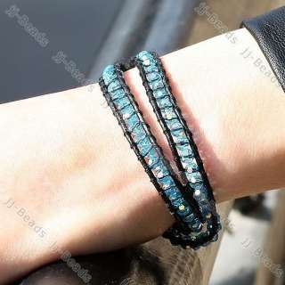 1P Hand Made Knit Leather 4mm Crystal Glass Bead Wrap Bracelet Fashion 