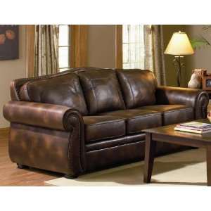 Sofa Couch with Nail Head Trim in Brown Leather Look Fabric:  