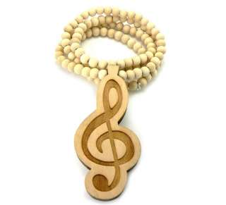   TREBLE CLEF PENDANT + 36 INCH NECKLACE CHAIN WOOD BEADED GOOD QUALITY