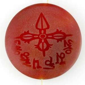   TIBETAN FROSTED RED AGATE CARVED 40MM ROUND PENDANT
