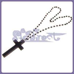 VINTAGE Wooden Cross Pendant Black Pearl Beads Necklace  