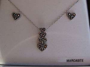 Marcasite Sterling Silver Heart Earrings / Necklace Set  