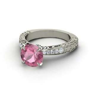   Megan Ring, Round Pink Tourmaline Platinum Ring with Diamond: Jewelry
