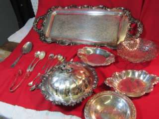 LOT OF SILVER PLATED CANDY DISHES 4, SERVING PLATTER 1, AND SPOONS 
