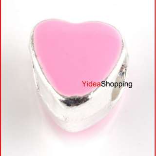 Silver Plated Pink Enamel Heart Charms Beads Fit European Bracelet 