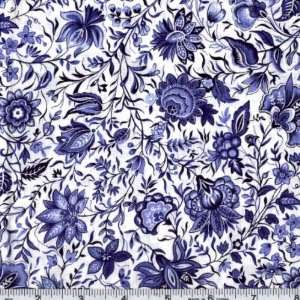  45 Wide China Blue Persian Flower Ivory Fabric By The 