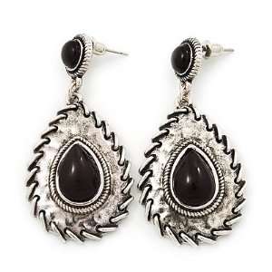   Silver Teardrop Black Resin Stone Drop Earrings   5cm Length Jewelry