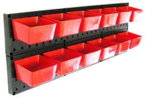 12 Red Parts Garage Storage Bins & Hook to Peg Tracks  