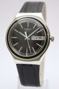 New Swatch Irony Men Charcoal Suit Black Leather Band Day Date Watch 