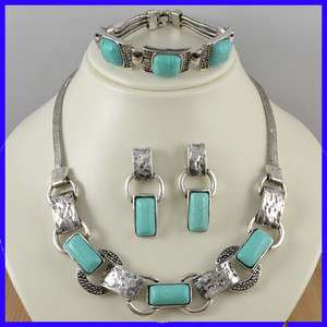   Tibetan Silver Elegant Turquoise Necklace Bracelet Earring Jewelry Set