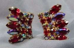 Vintage Weiss, Red & Red AB Rhinestone, Clip Earring  